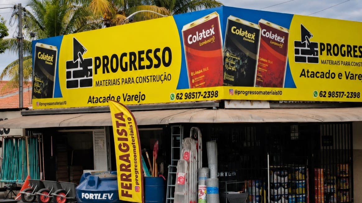 Fachada da Progresso Materiais de Construção na Av. Graça Aranha, Jardim Nova Era, Aparecida de Goiânia